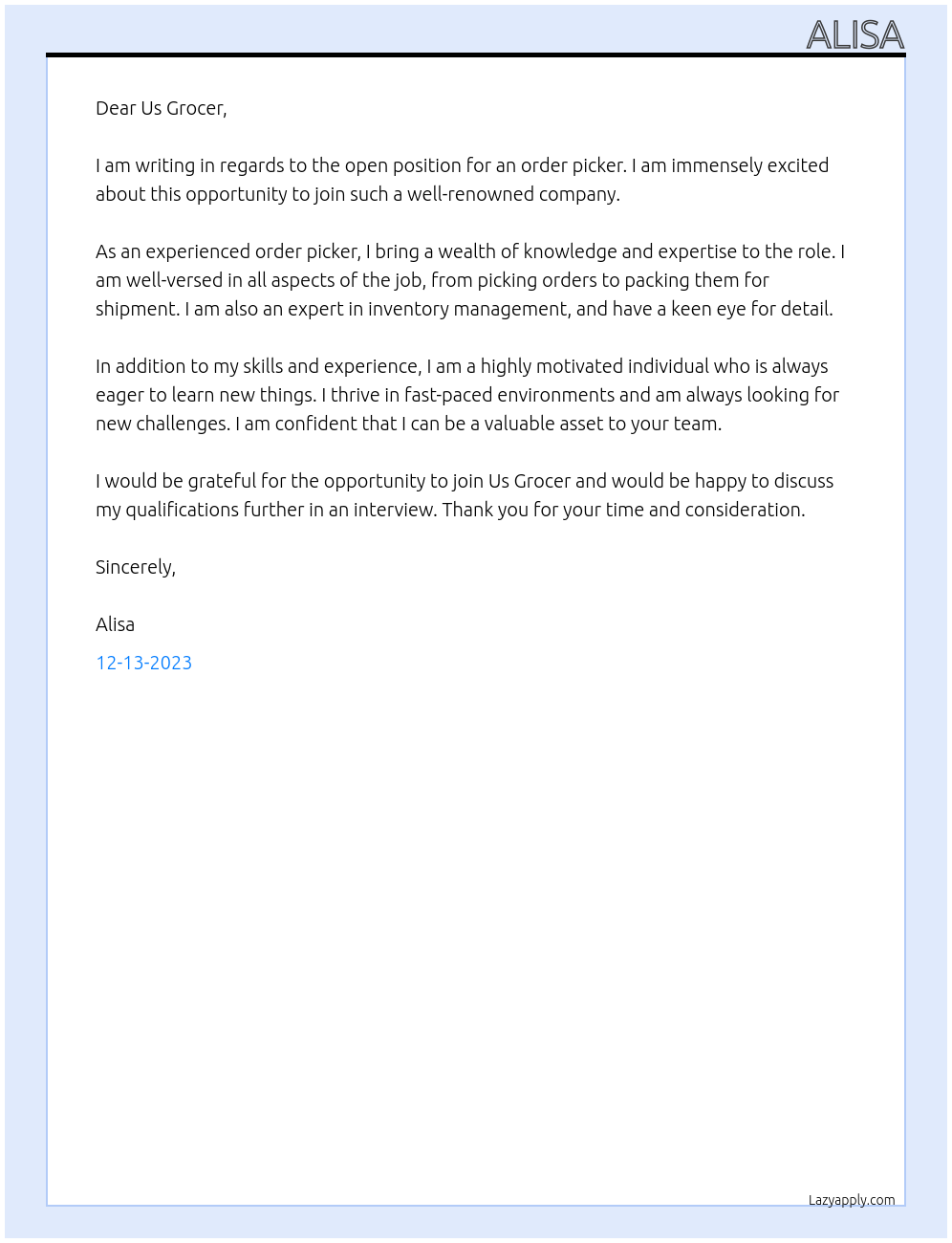 order picker At us grocer Cover Letter