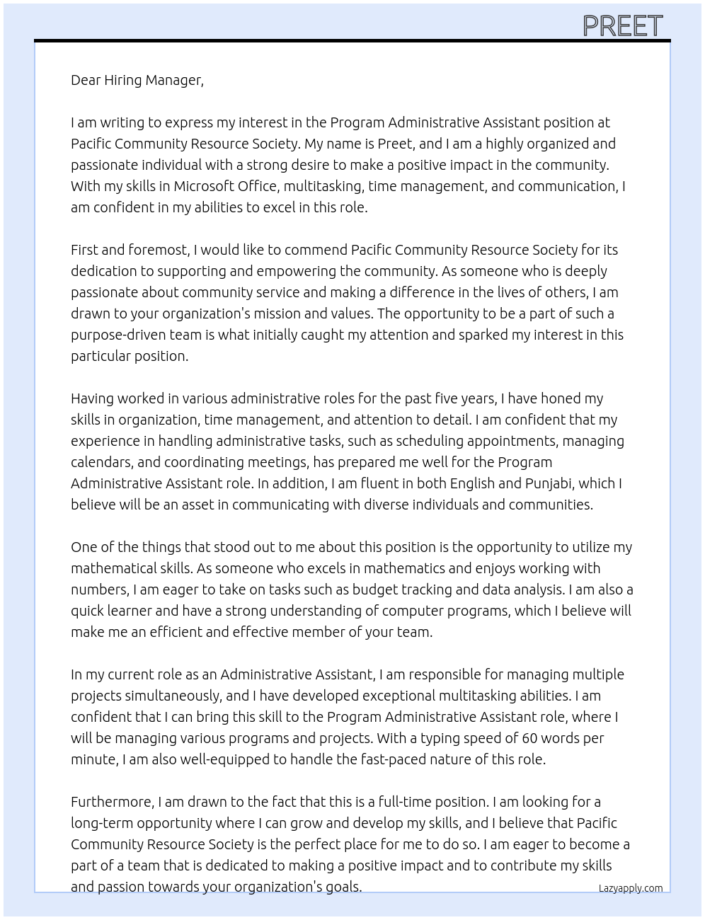 Program Administrative Assistant At Pacific Community Resource Society  Cover Letter