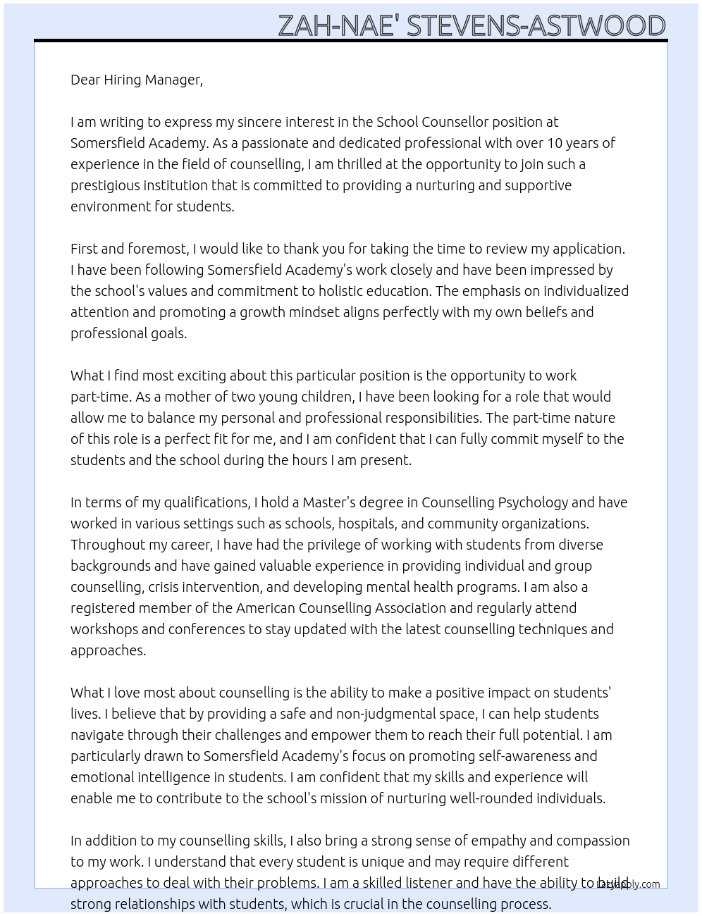 School Counsellor At Somersfield Academy Cover Letter