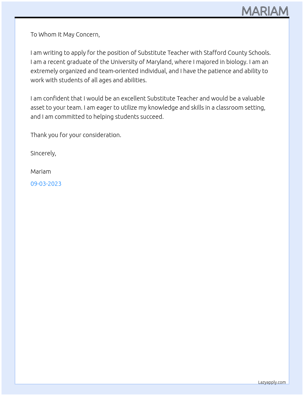 Substitute teacher At Stafford County Schools Cover Letter