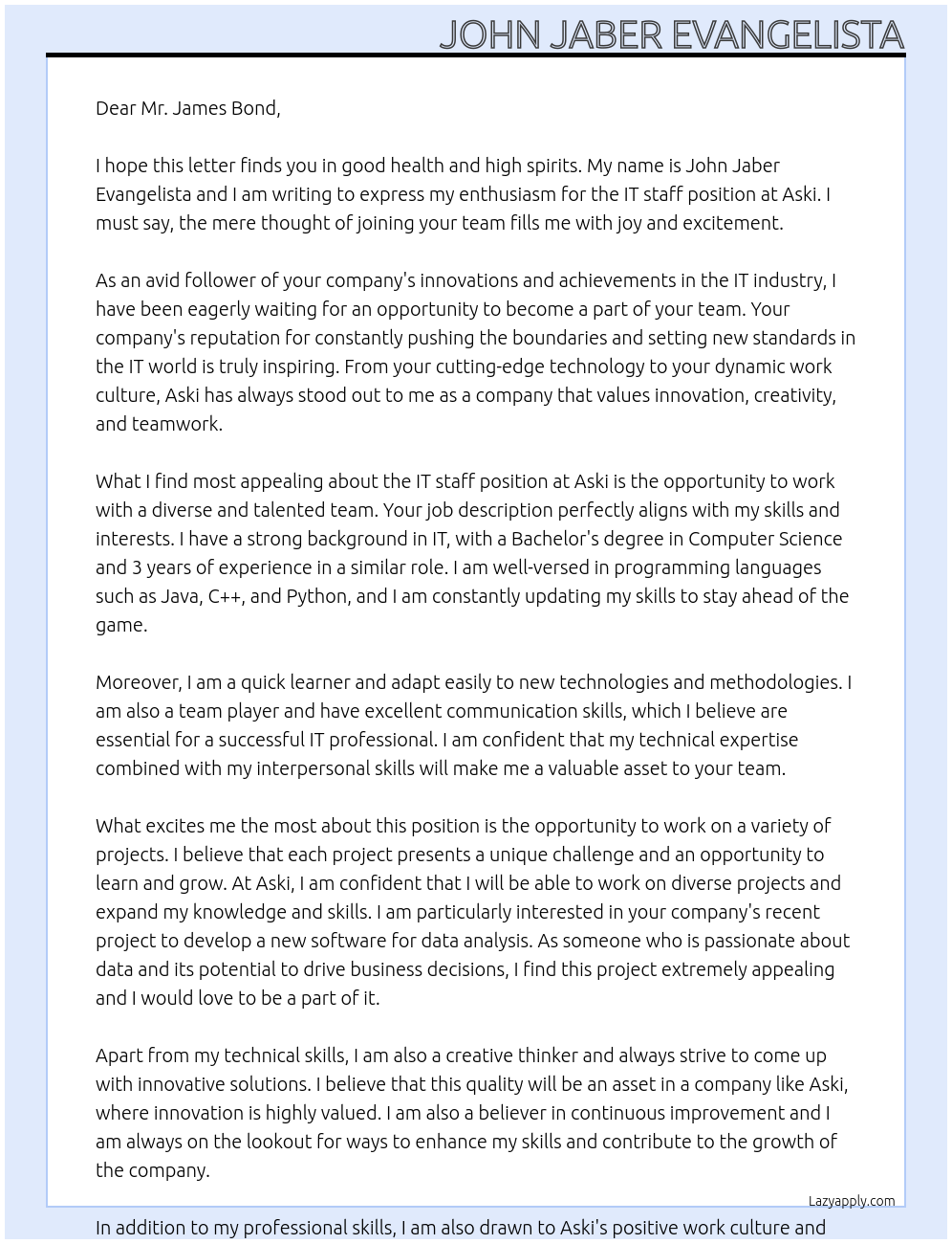 IT staff At Aski Cover Letter