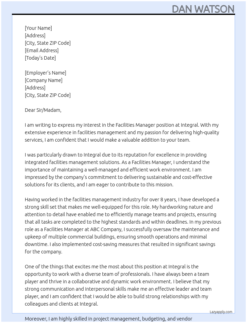 Facilities Manager At Integral Cover Letter