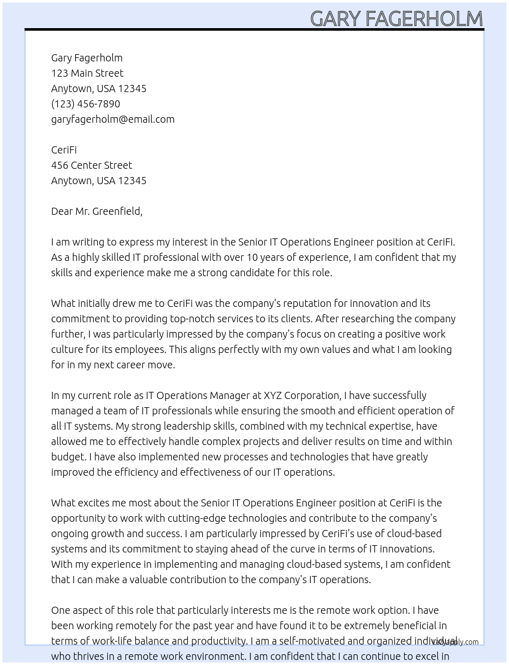 Senior IT Operations Engineer At CeriFi Cover Letter