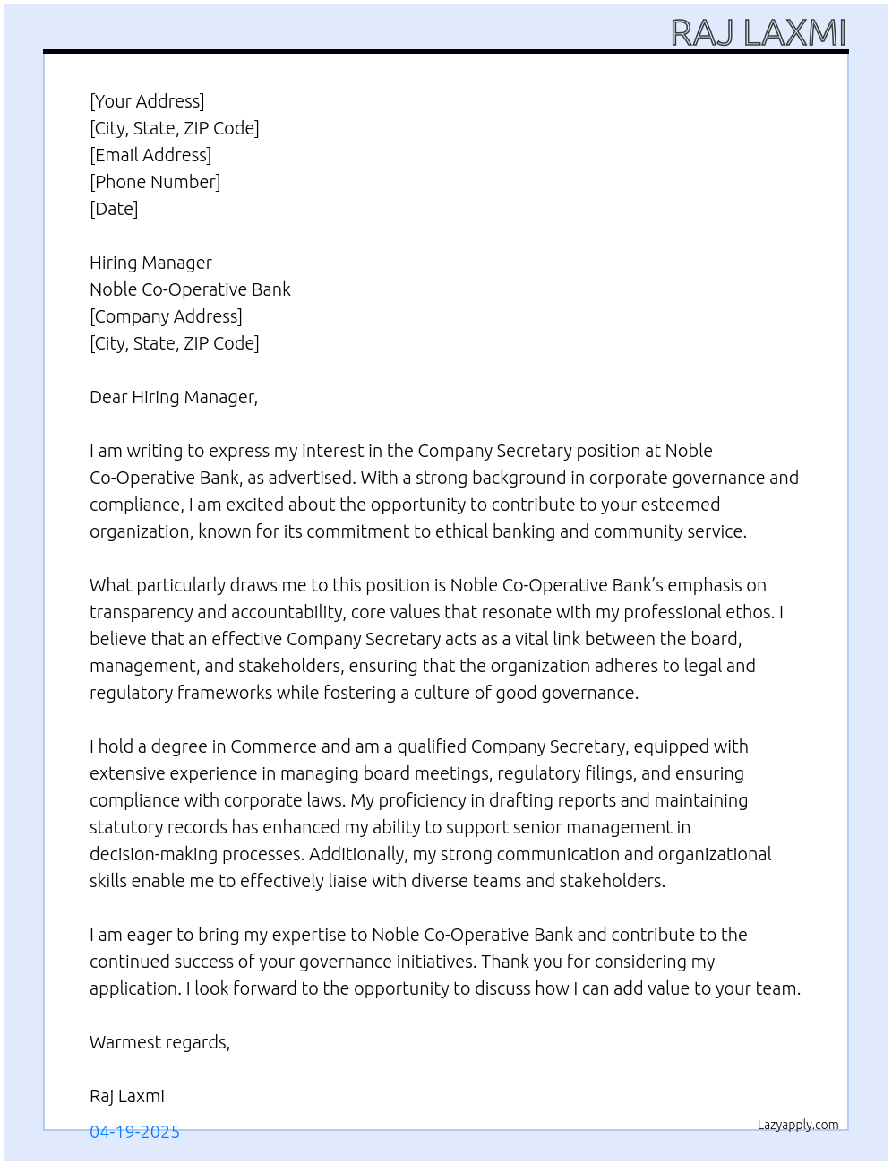Cover letter for company secretary - LazyApply