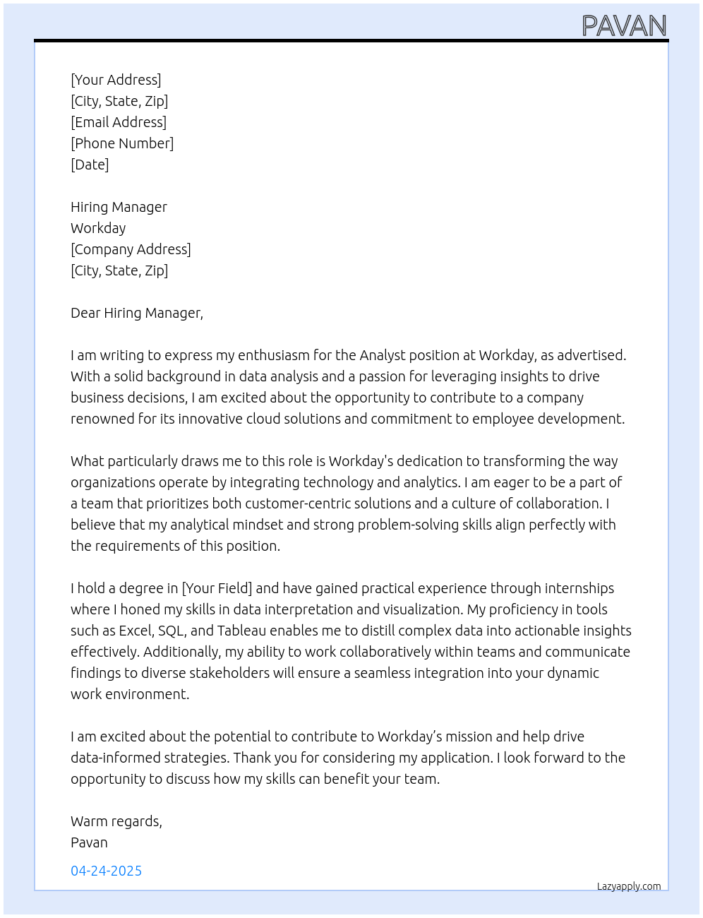 Analyst At Workday Cover Letter