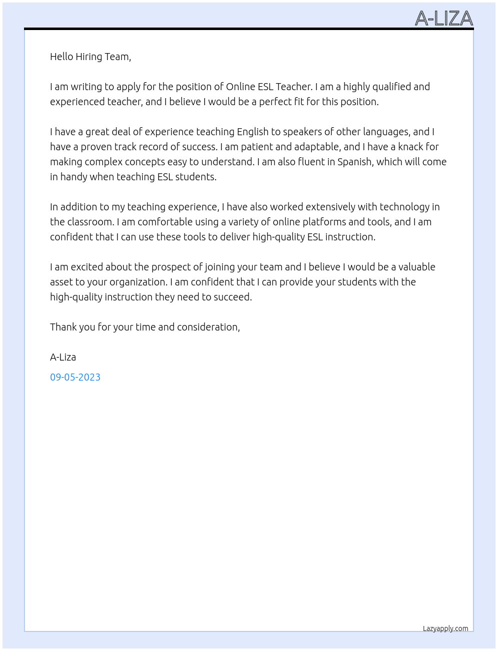 Online ESL Teacher At Unknown Cover Letter