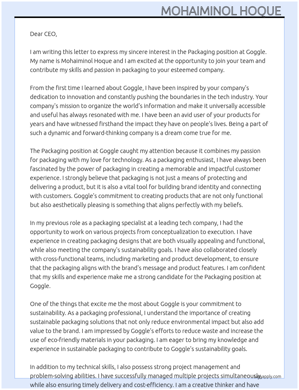 Packaging  At Goggle  Cover Letter