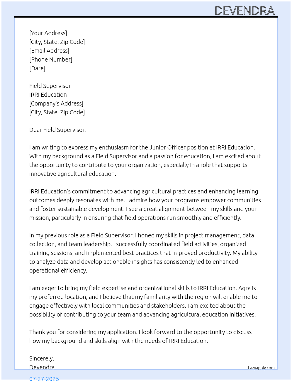 Junior officer At IRRI EDUCATION Cover Letter