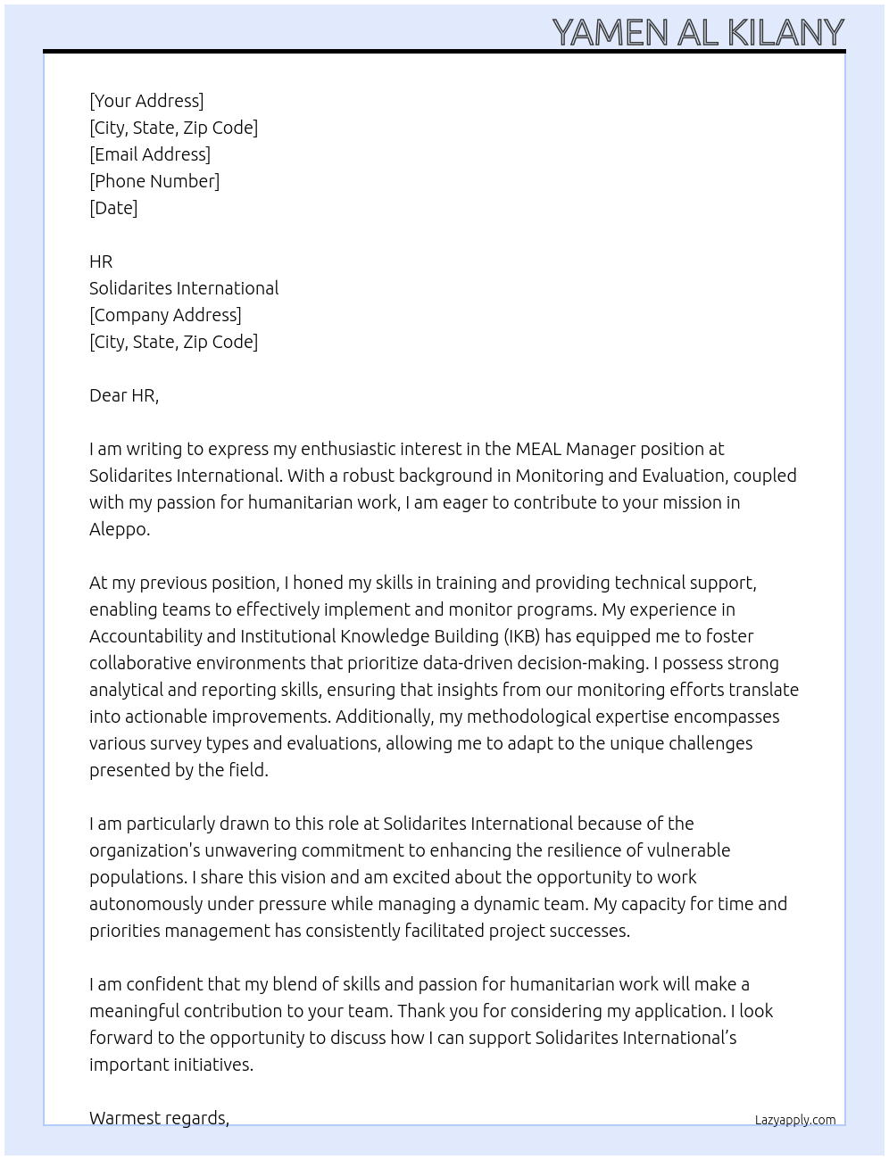 MEAL Manager At Solidarites International Cover Letter