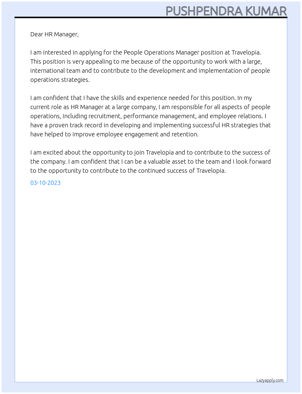 People Operations Manager At Travelopia Cover Letter