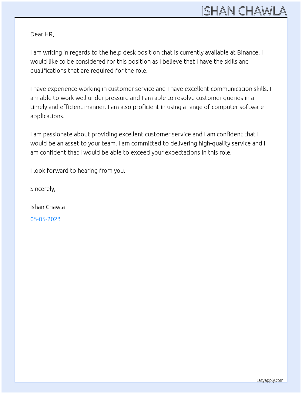 help desk At BINANCE Cover Letter