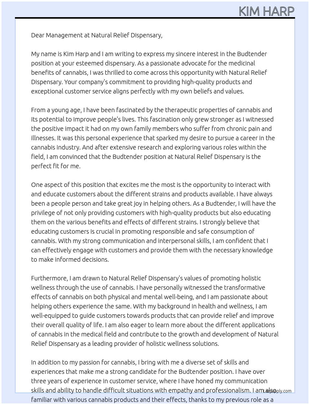 Budtender At Natural Relief Dispensary Cover Letter