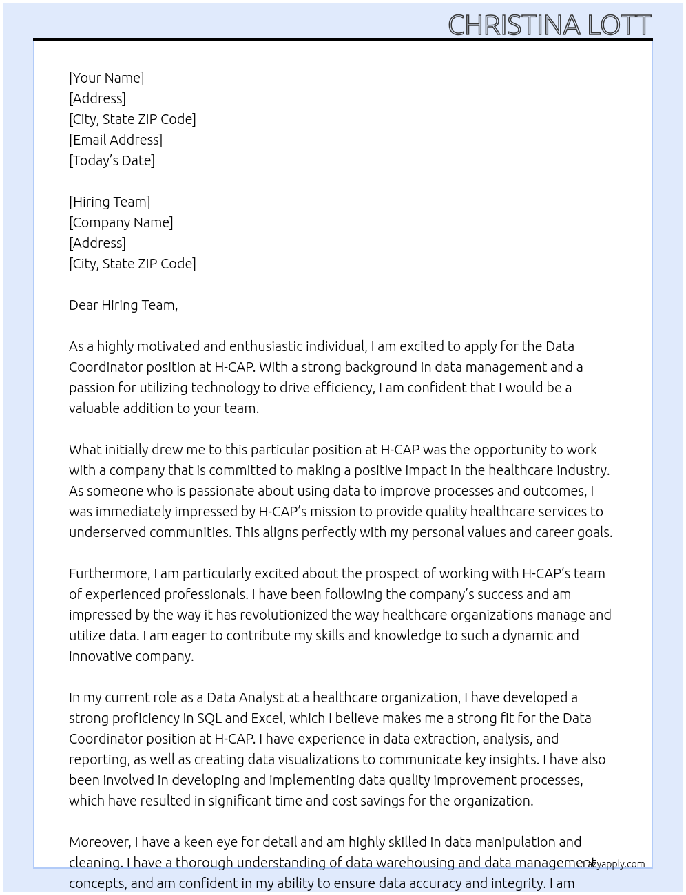 Data Coordinator At H-CAP Cover Letter