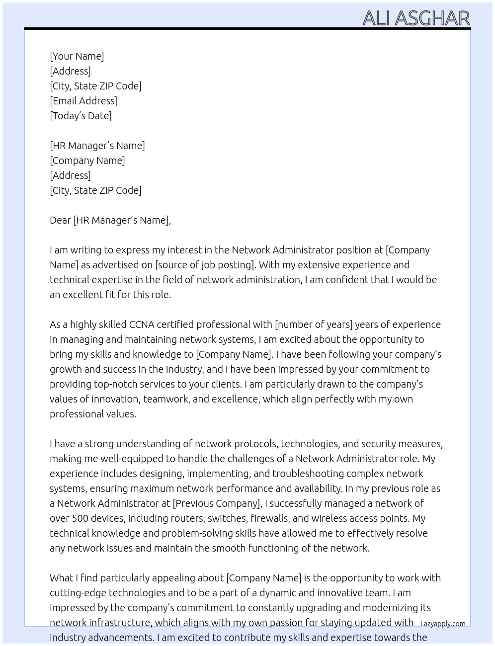 Network Administrator At firm Cover Letter