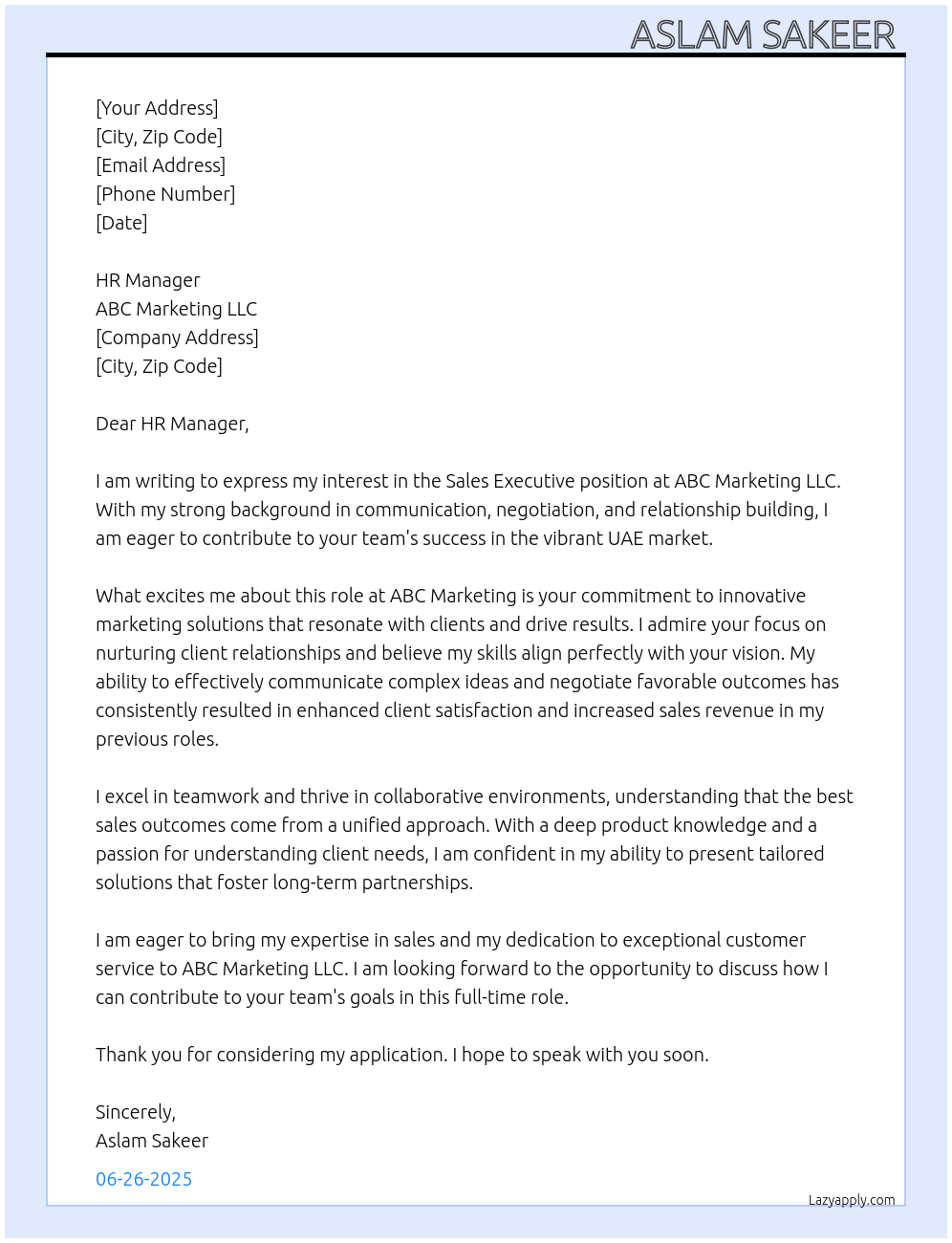 Sale's executive  At ABC Marketing llc Cover Letter