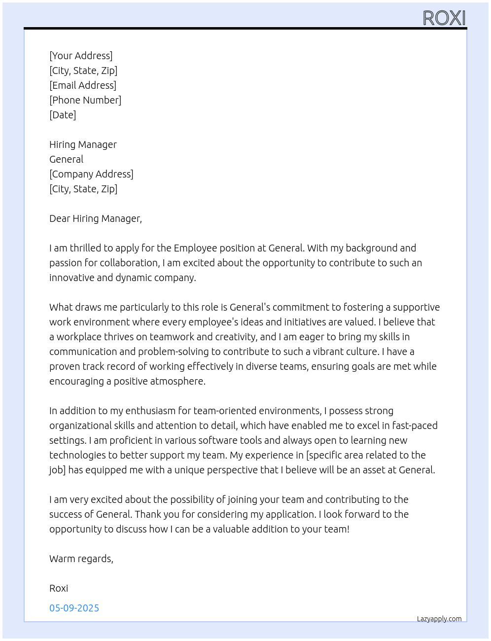 Employee At General Cover Letter