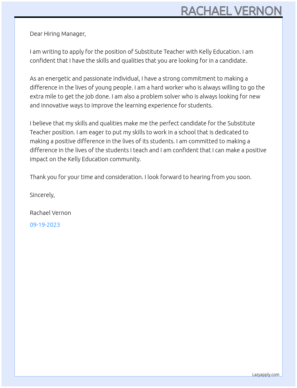 Substitute teacher At Kelly Education Cover Letter