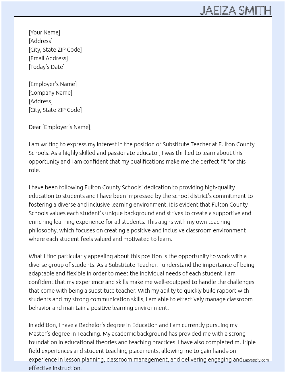 Substitute Teacher At Fulton County Schools Cover Letter