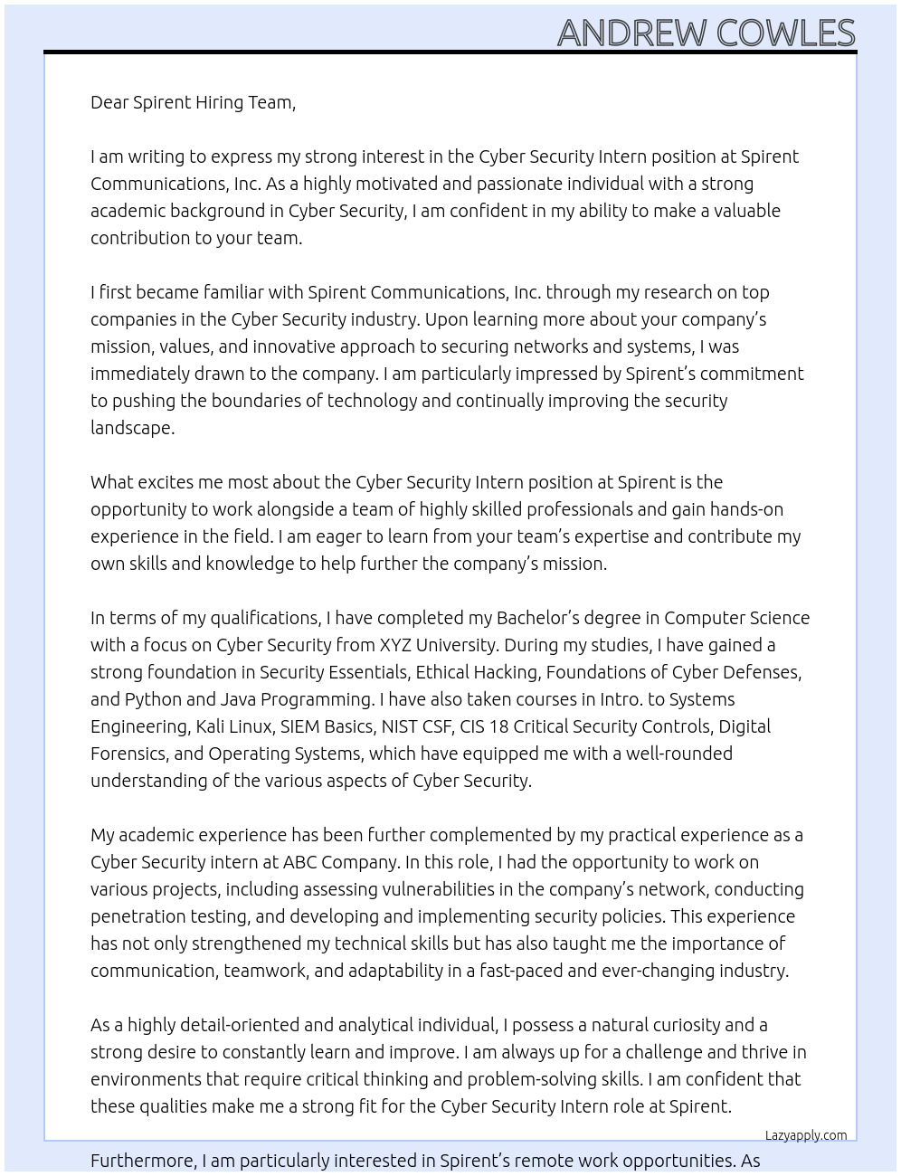 Cyber Security Intern At Spirent Communications, Inc. Cover Letter