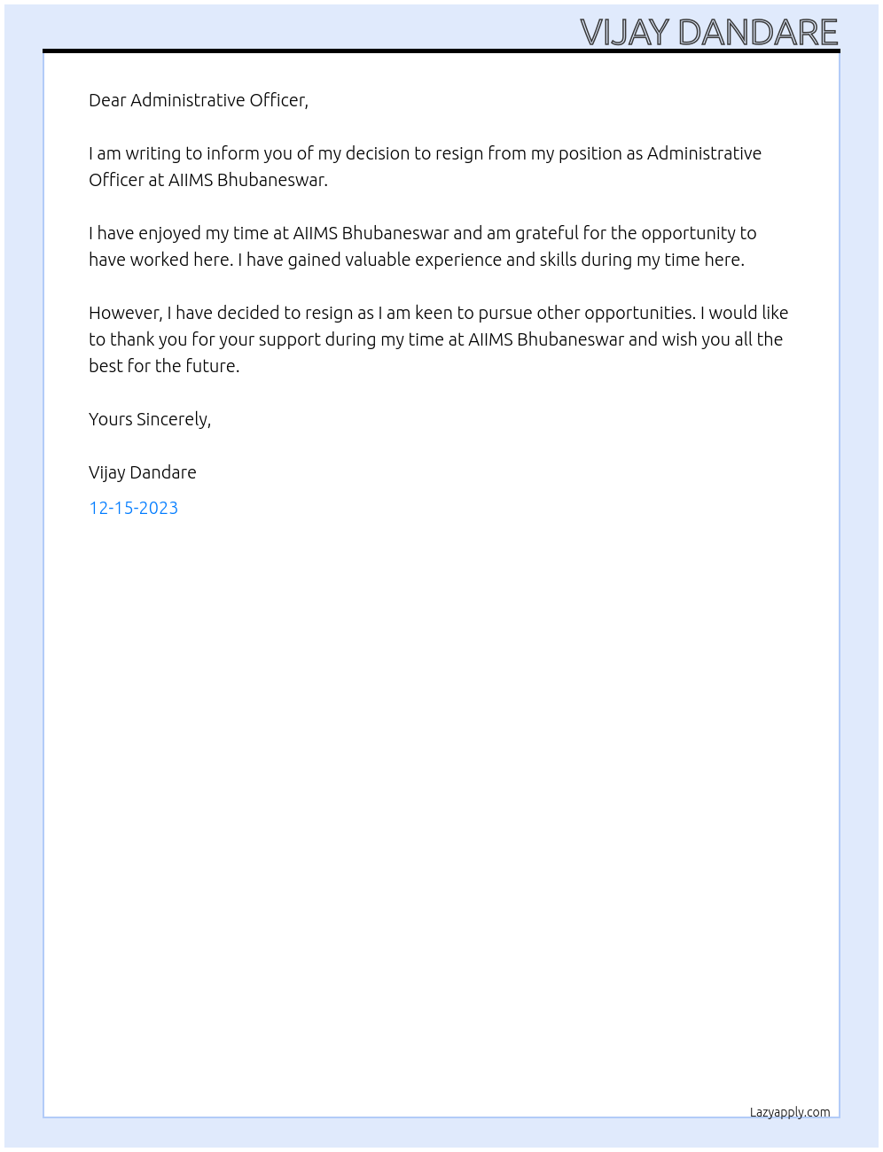 Resignation letter At AIIMS bhubaneswar Cover Letter