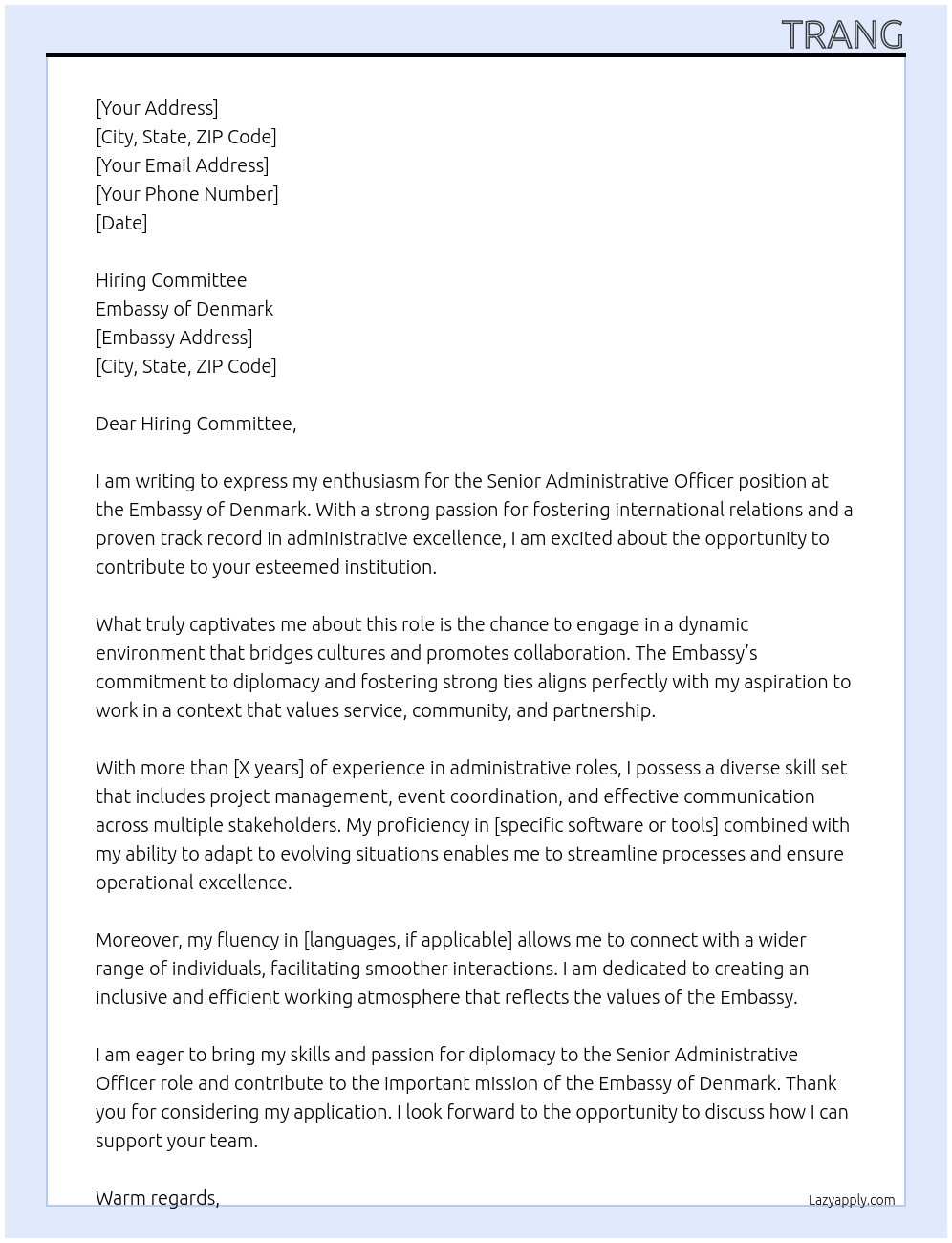 Senior Administrative Officer At Embassy of Denmark Cover Letter