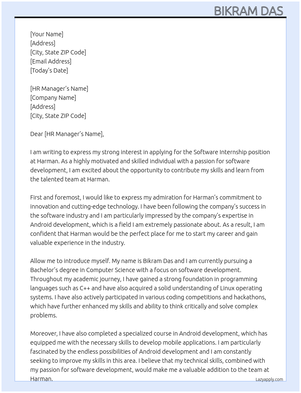Software internship At Harman Cover Letter