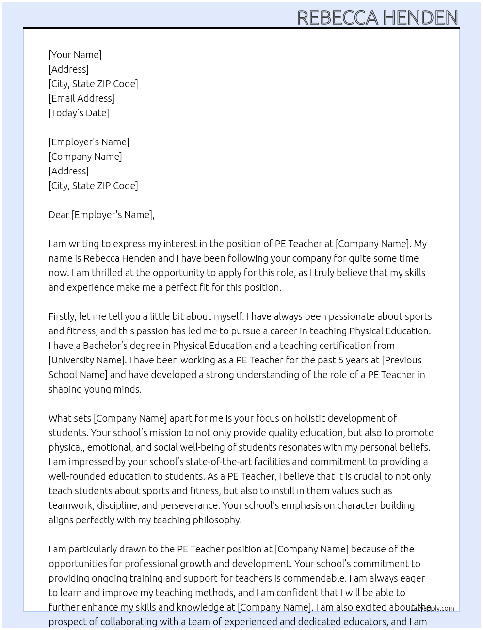 pe teacher At . Cover Letter