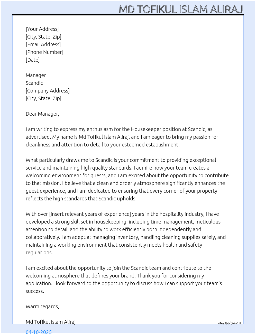 Housekeeper At scandic Cover Letter