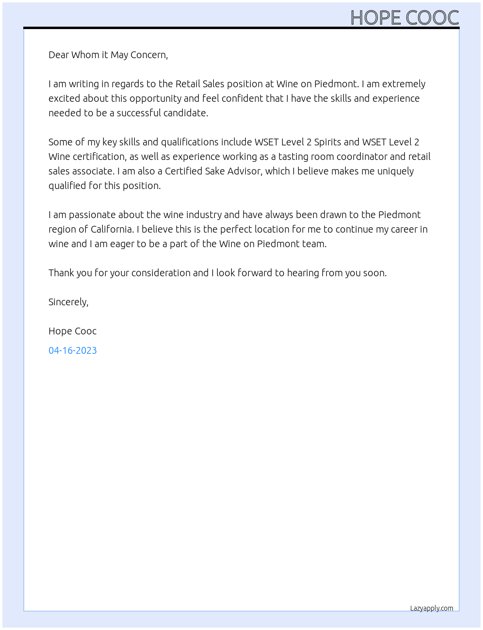 Retail Sales At Wine on Piedmont Cover Letter