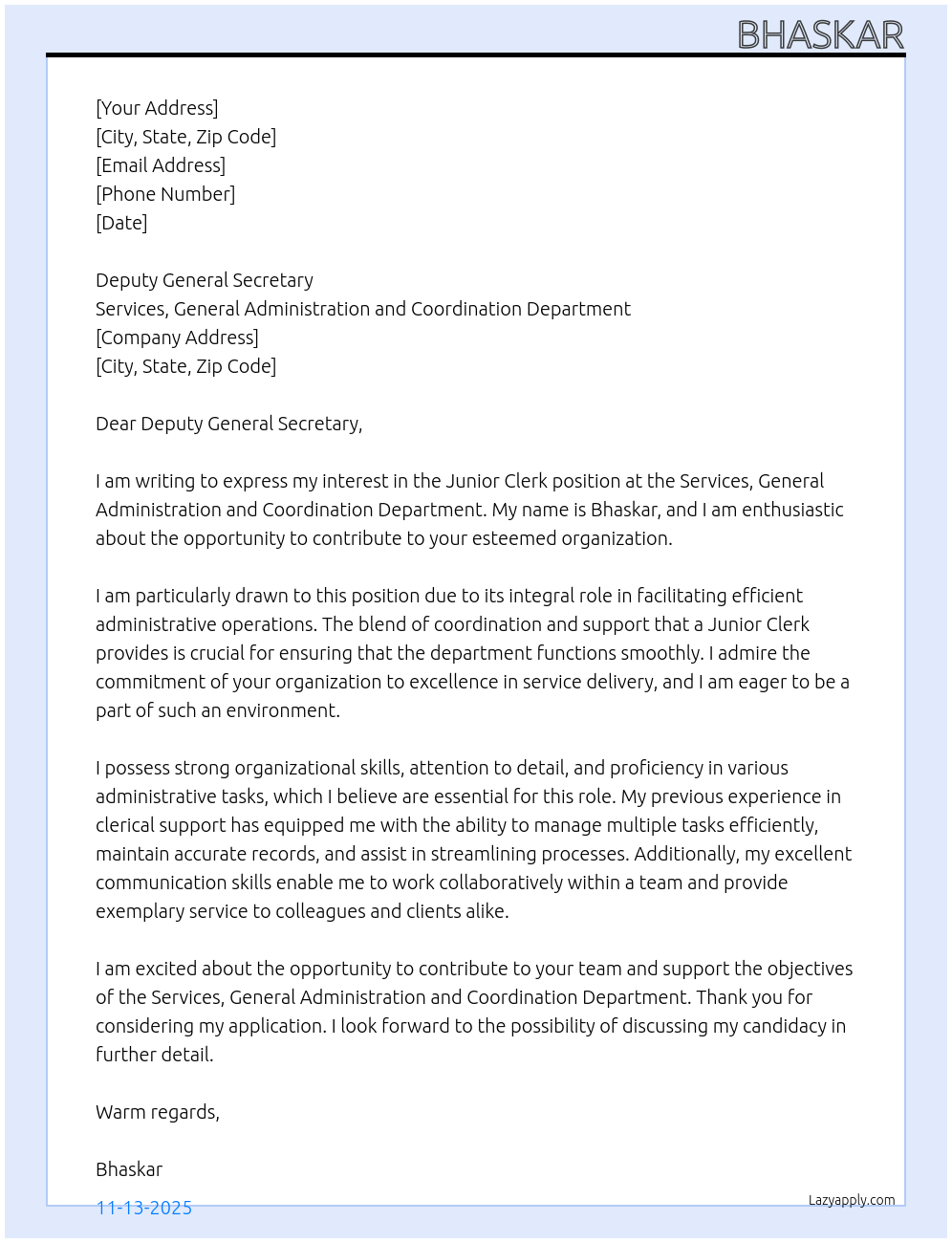 Junior Clerk At Services, General Administration and coordination Department Cover Letter