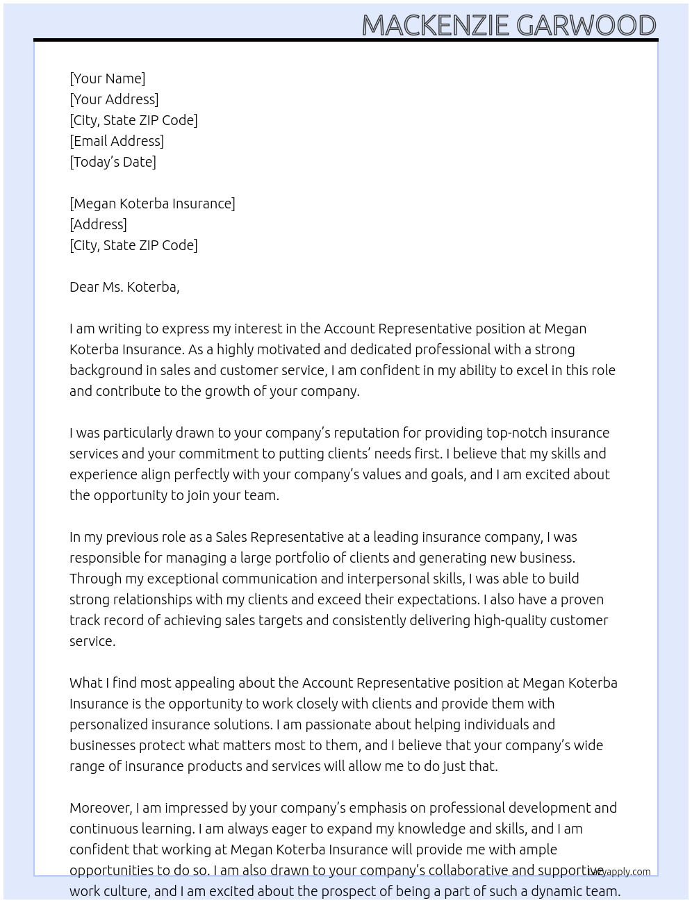 Account Representative At Megan Koterba Insurance Cover Letter