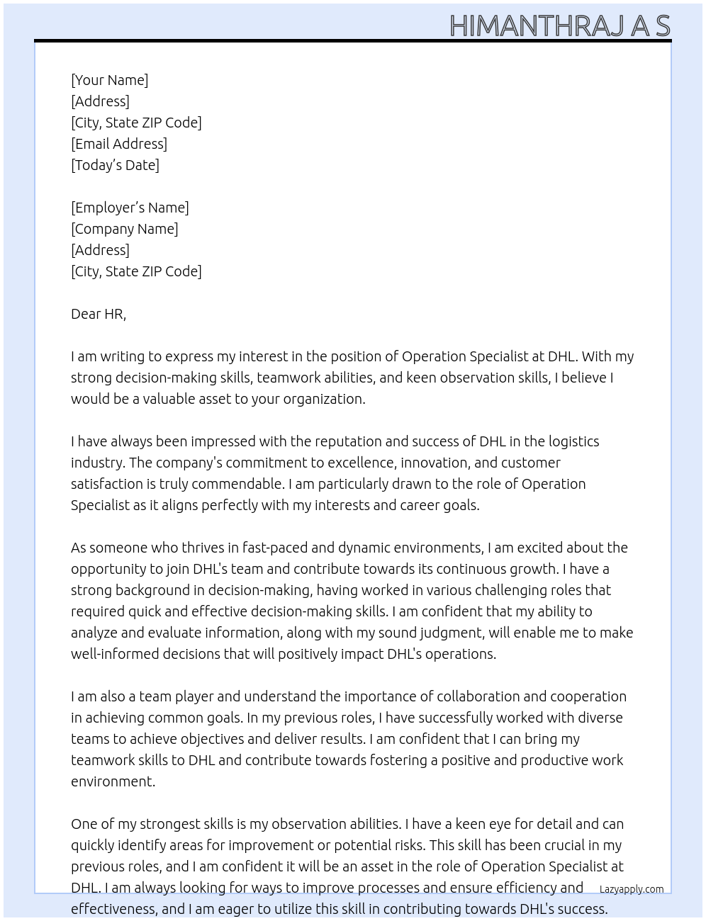 Operation Specialist  At DHL Cover Letter