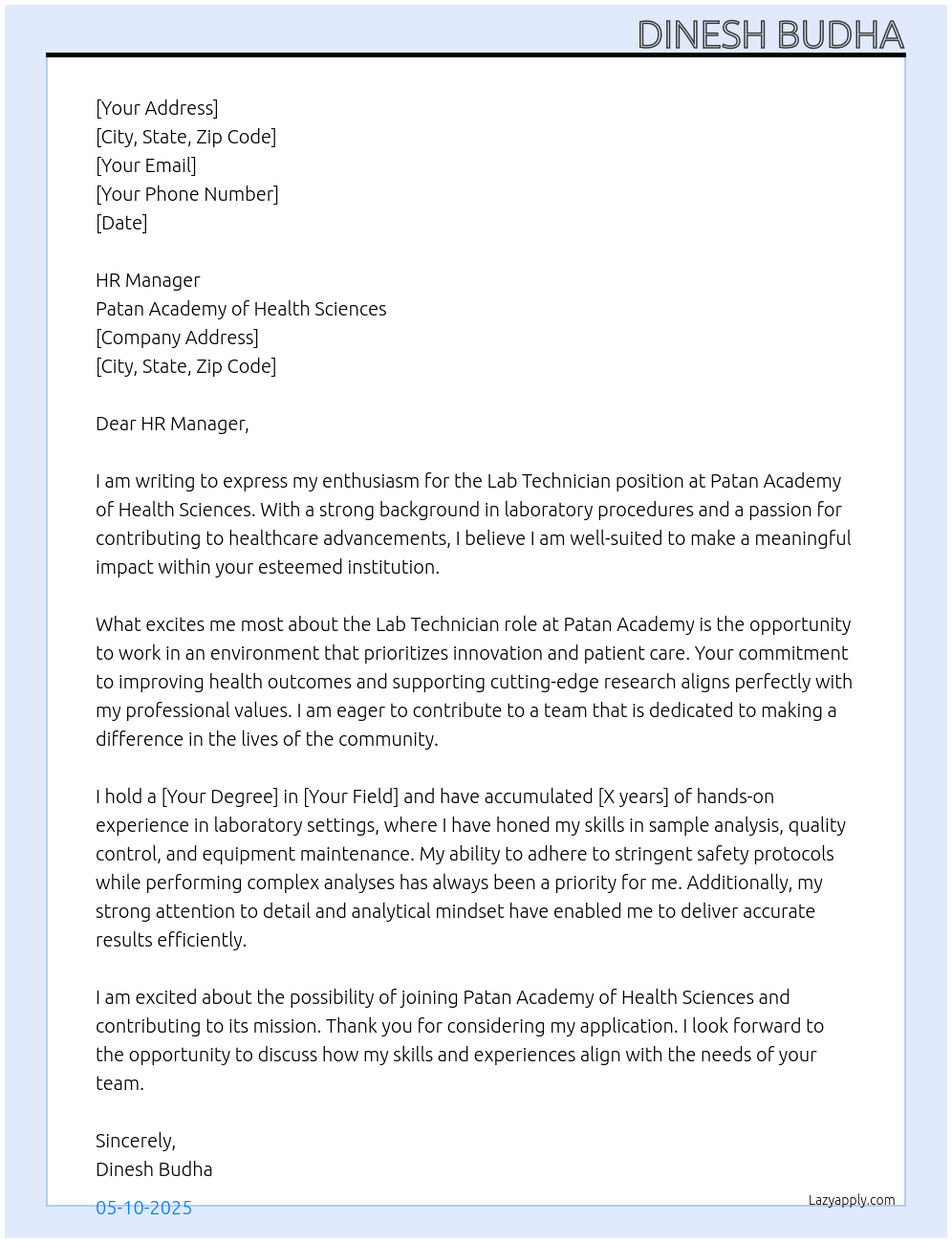 Lab technician At Patan academy health science Cover Letter