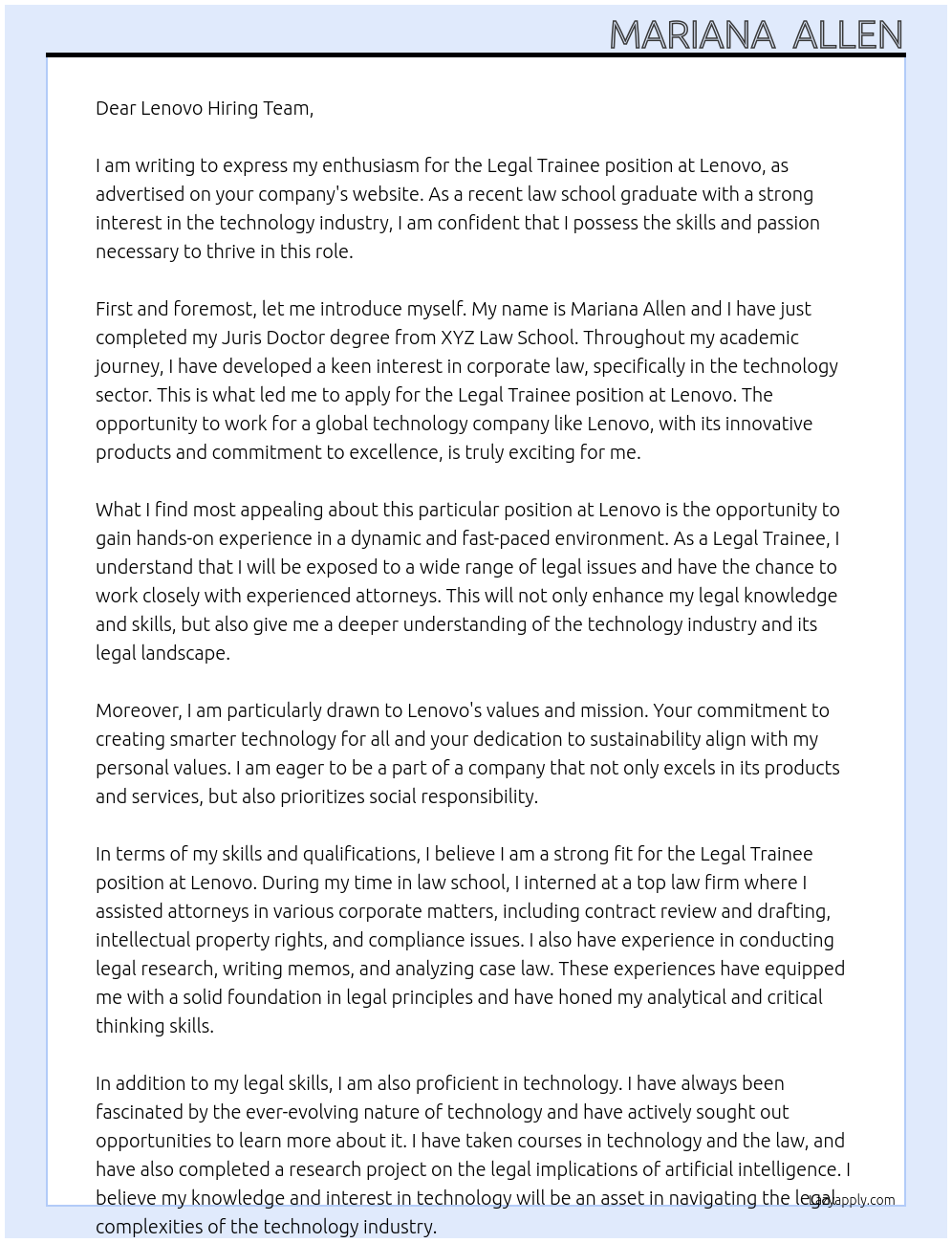 Legal Trainee At Lenovo Cover Letter
