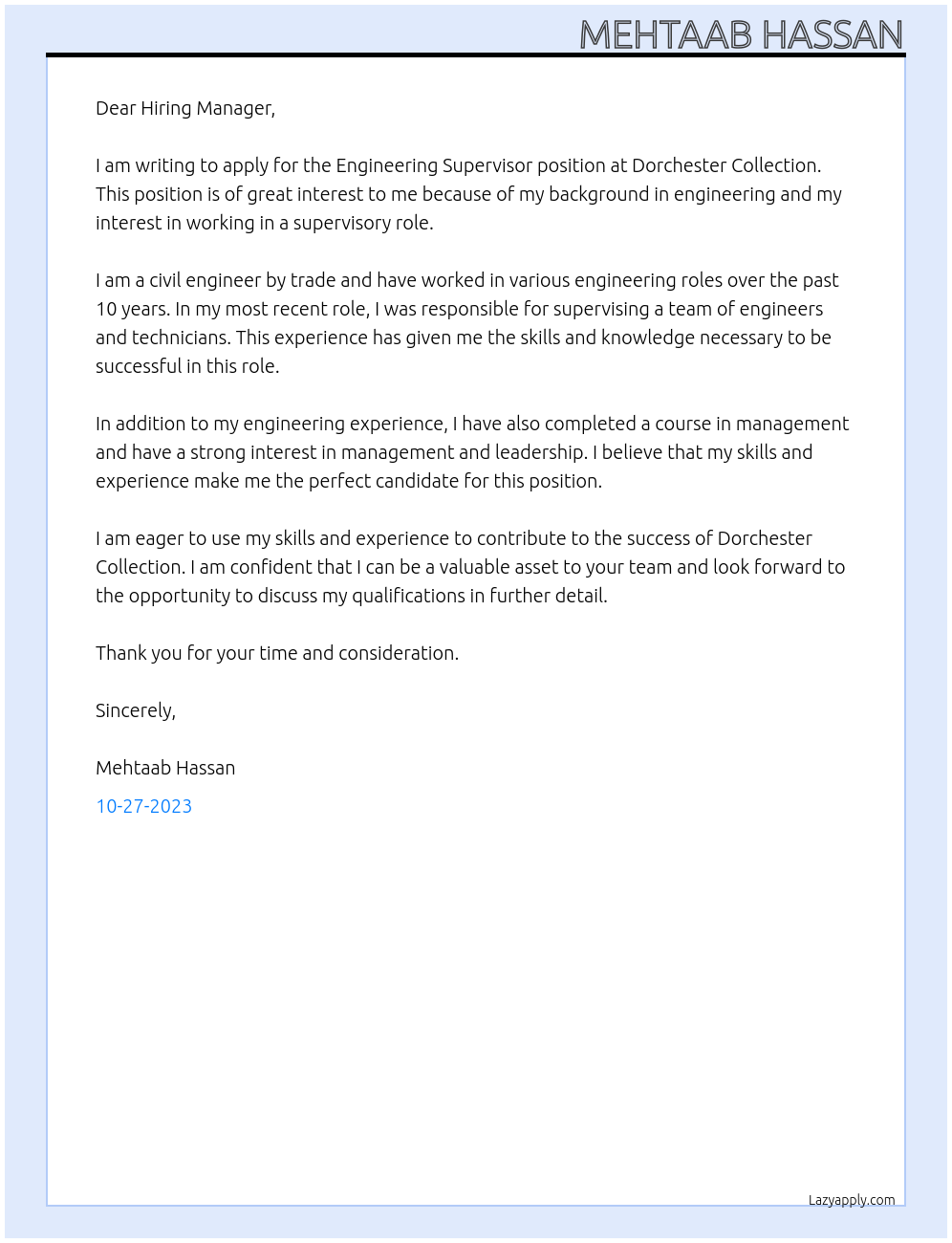 Engineering Supervisor At Dorchester Collection Cover Letter
