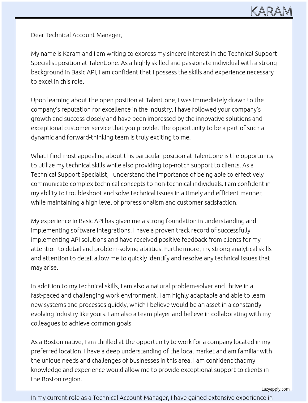 Technical Support Specialist At Talent.one Cover Letter