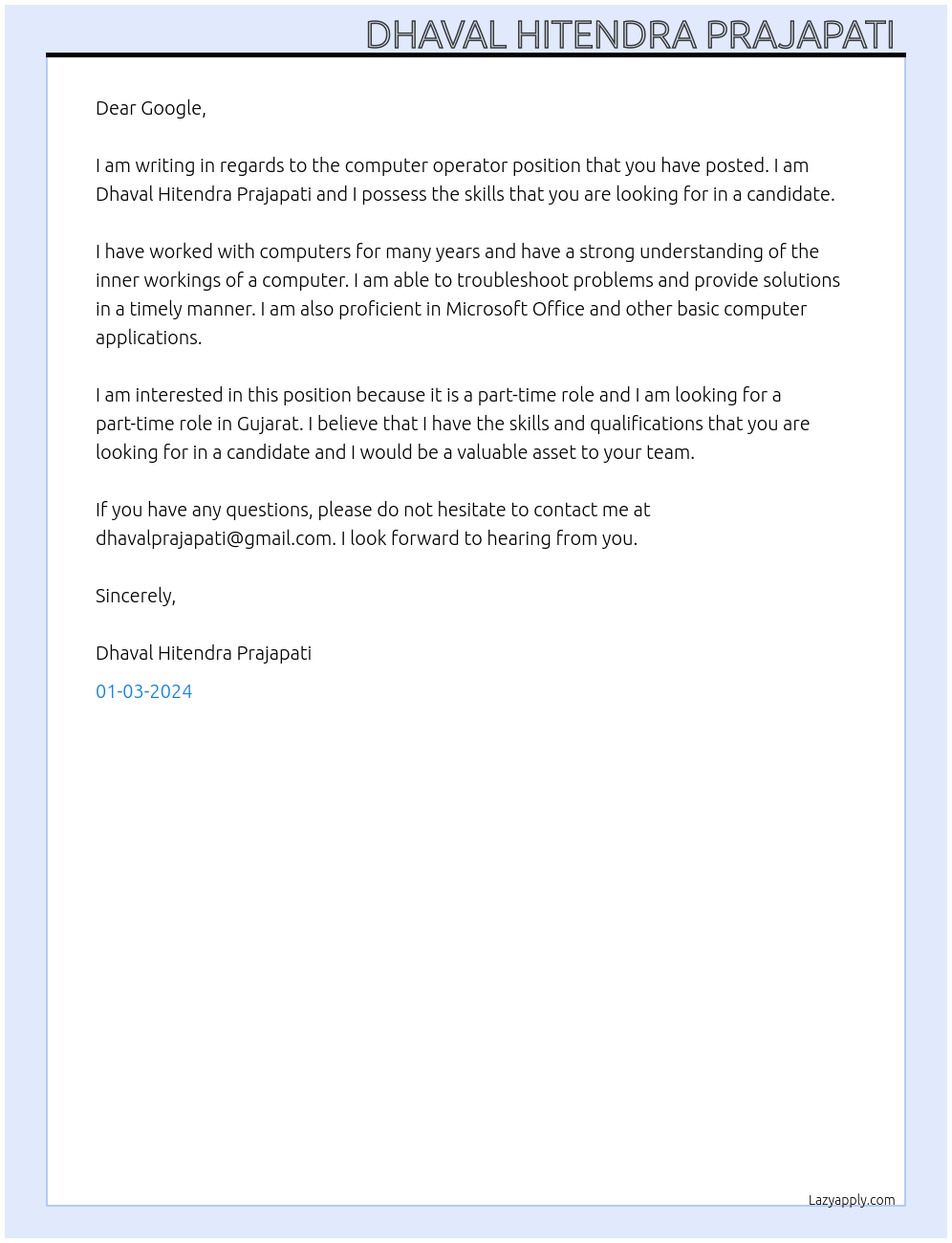 Computer Operator At Working part time Cover Letter