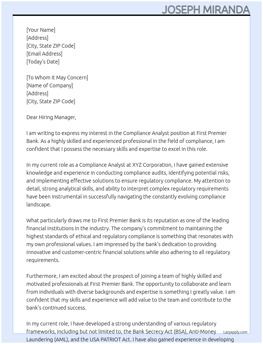 Compliance Analyst At First Premier Bank Cover Letter