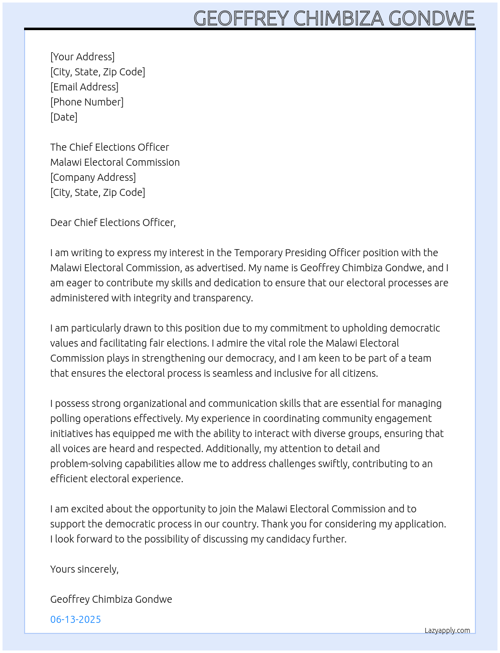 Temporary Presiding Officer At Malawi Electoral Commision  Cover Letter