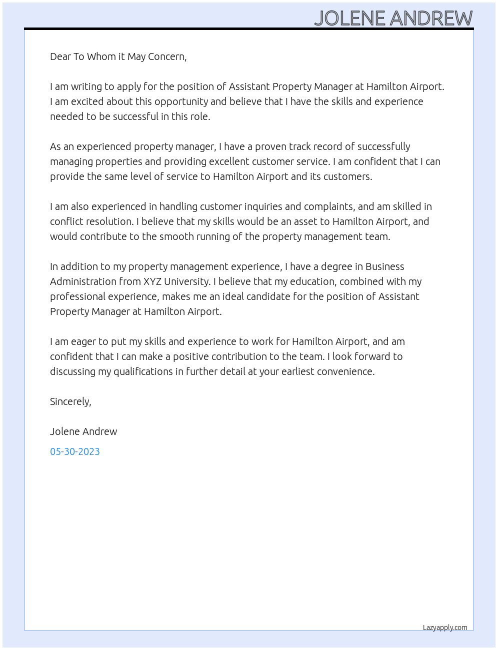 Assistant Property manager At Hamilton Airport Cover Letter