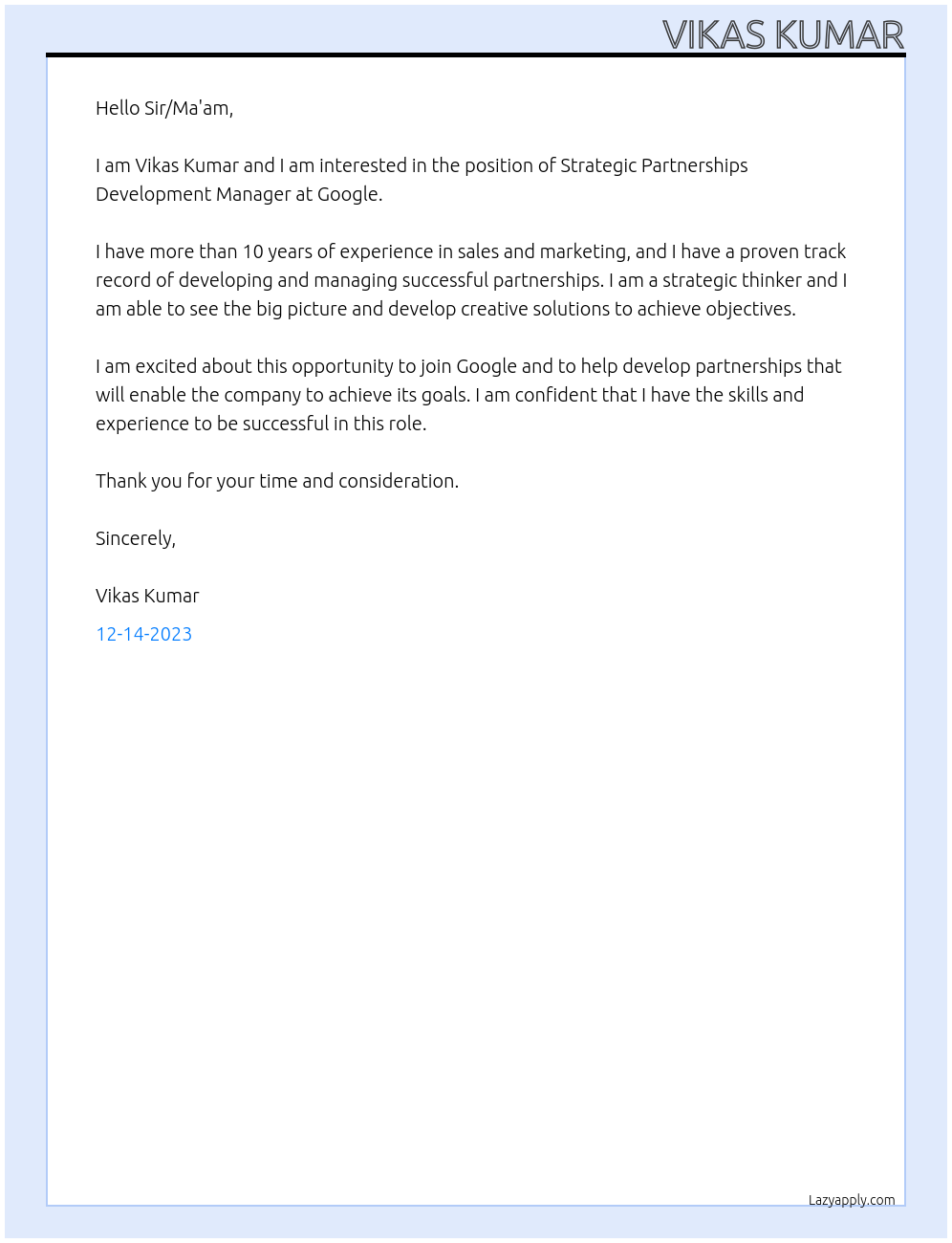 strategic partnerships development manager At Google Cover Letter