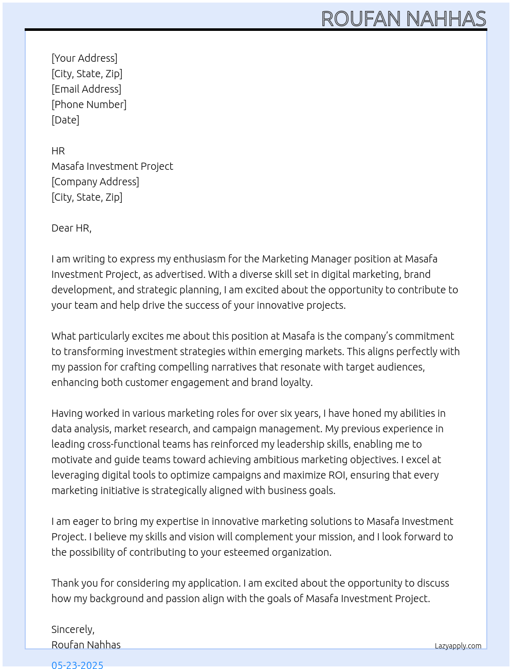 Marketing Manager At Masafa Investment Project Cover Letter