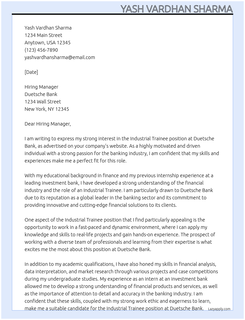 Industrial Trainee At Duetsche Bank Cover Letter