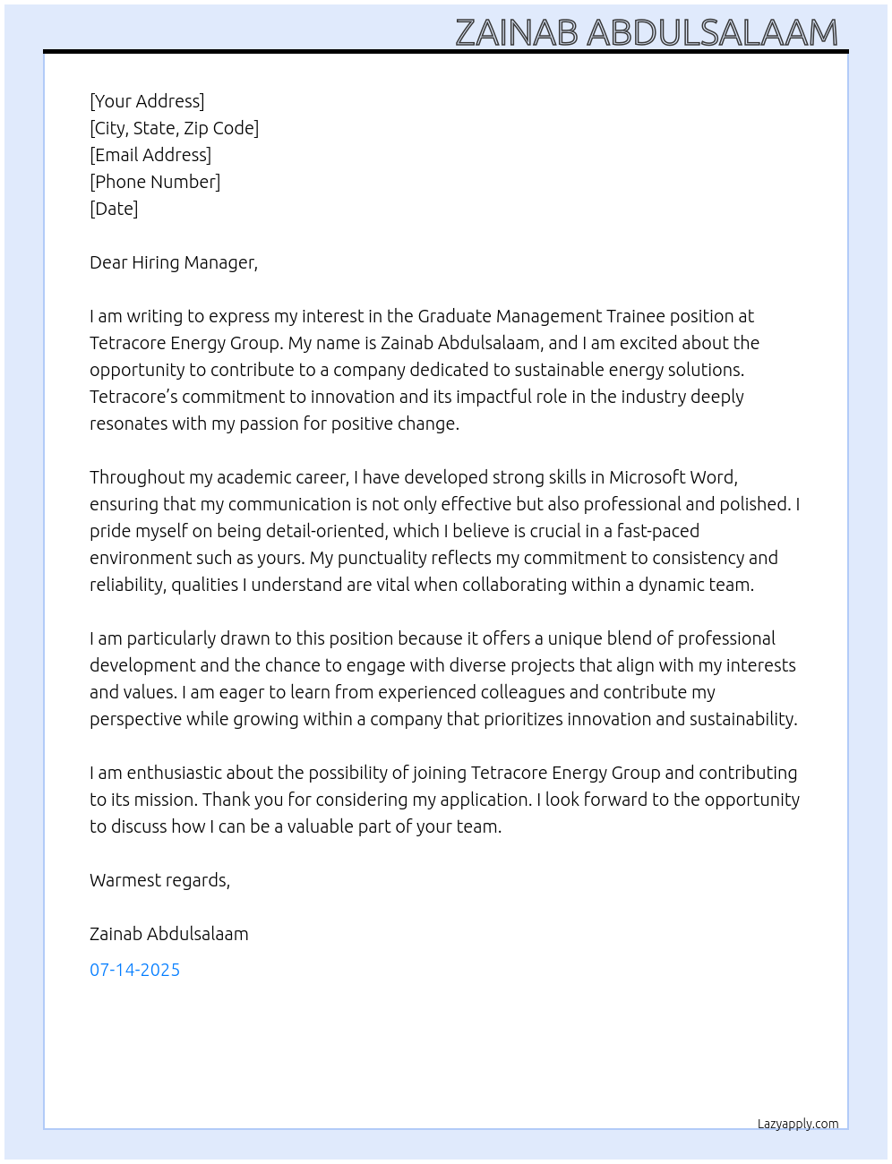 Graduate Management Trainee At Tetracore Energy Group Cover Letter