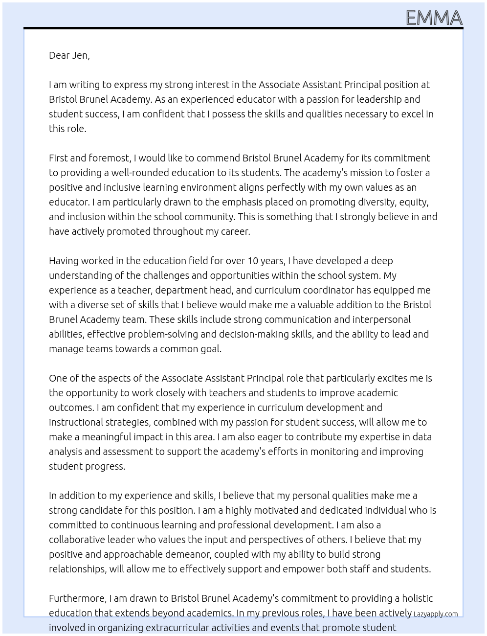 Associate assistant principal At Bristol Brunel Academy Cover Letter