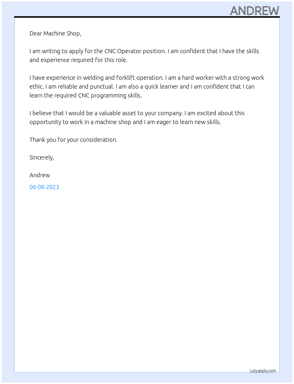 cnc operator At machine shop Cover Letter
