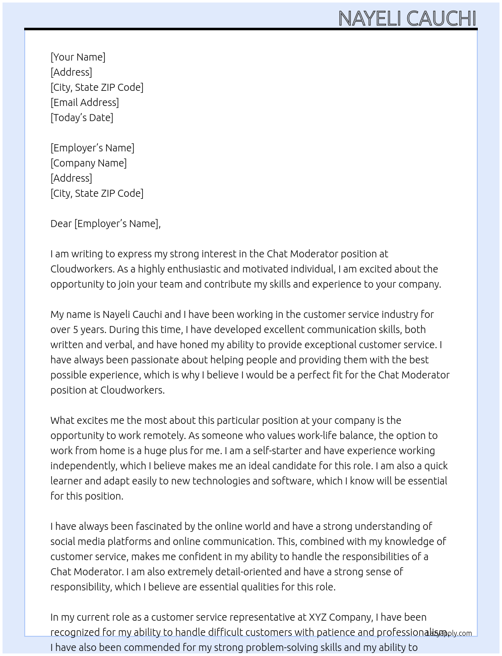 chat moderator At Cloudworkers Cover Letter