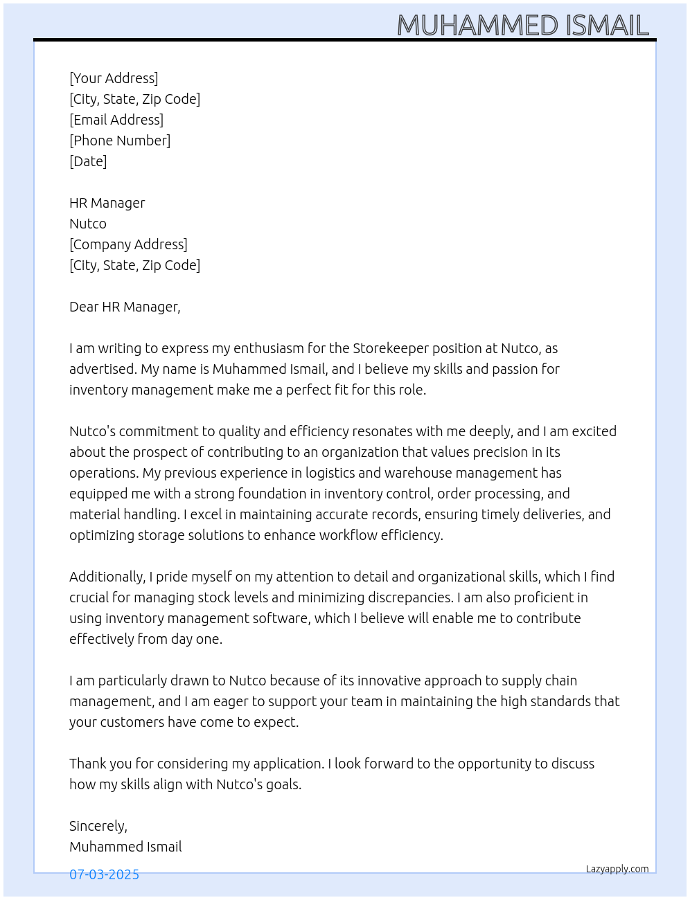 Storekeeper  At Nutco Cover Letter