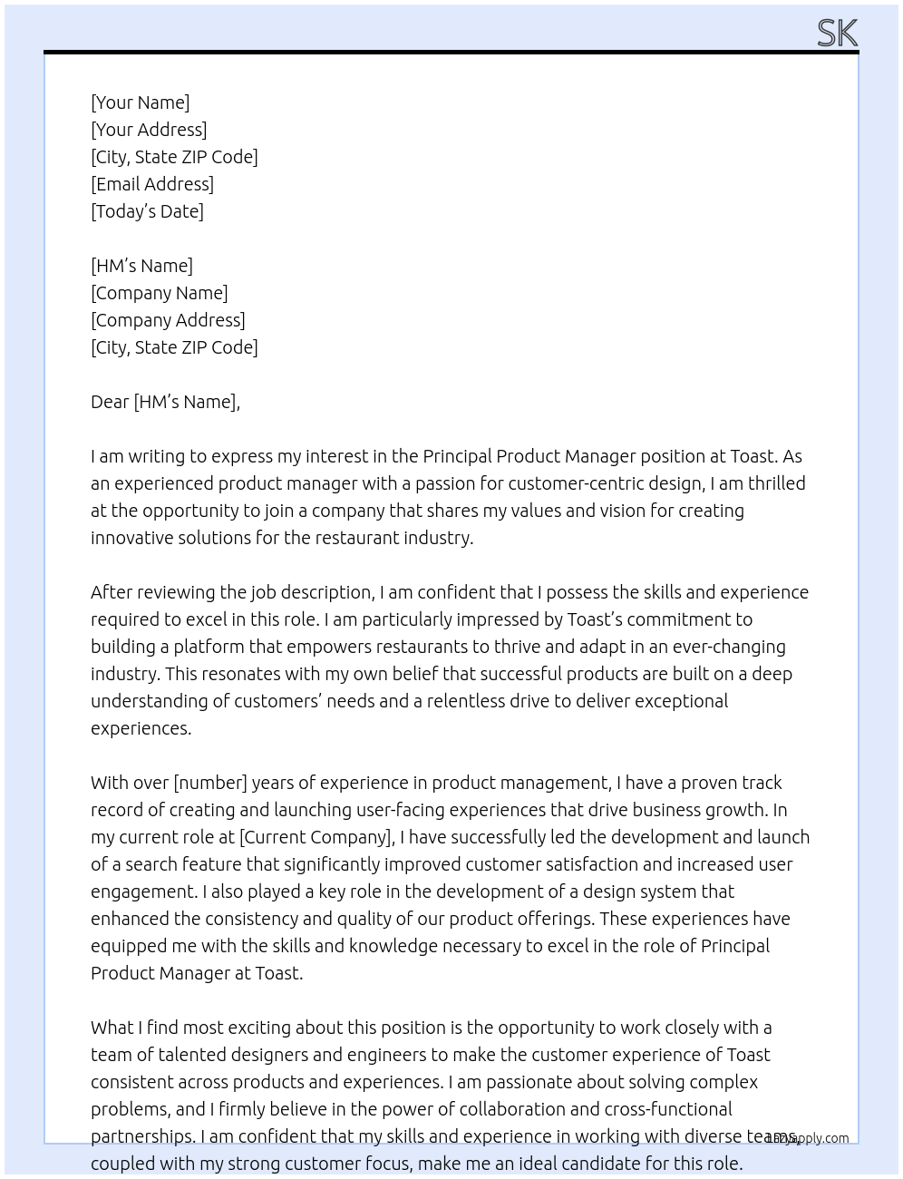 Principal Product Manager At Toast Cover Letter