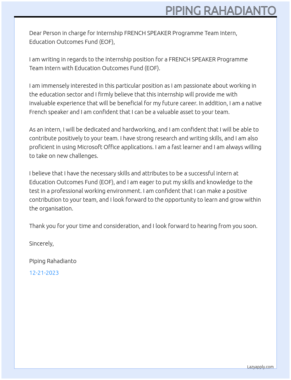 UNICEF internship At Internship FRENCH SPEAKER Programme Team Intern, Education Outcomes Fund (EOF) Cover Letter